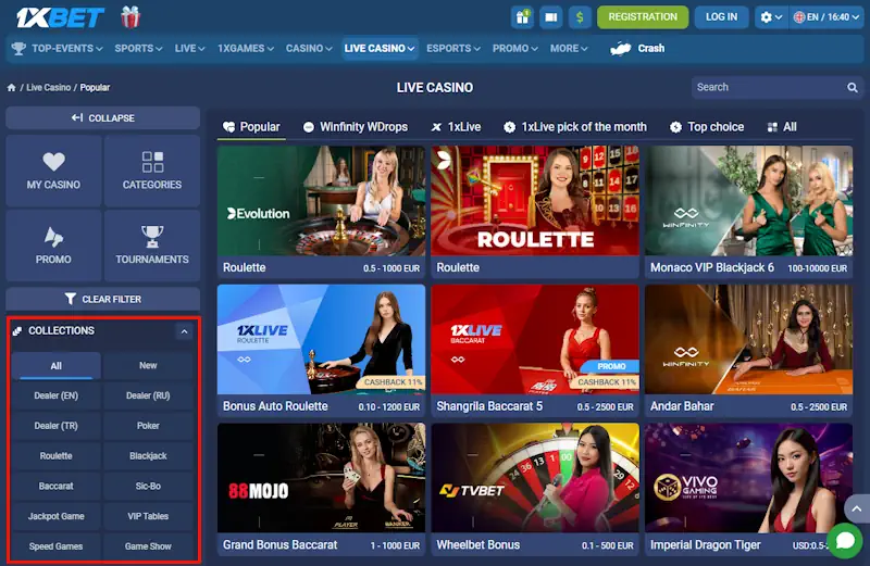 1xBet Live Casino Menu Screenshot